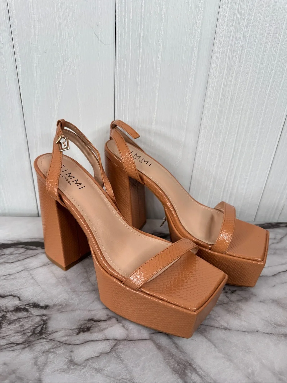 SIMMI London Tan Platform Slingback Heels